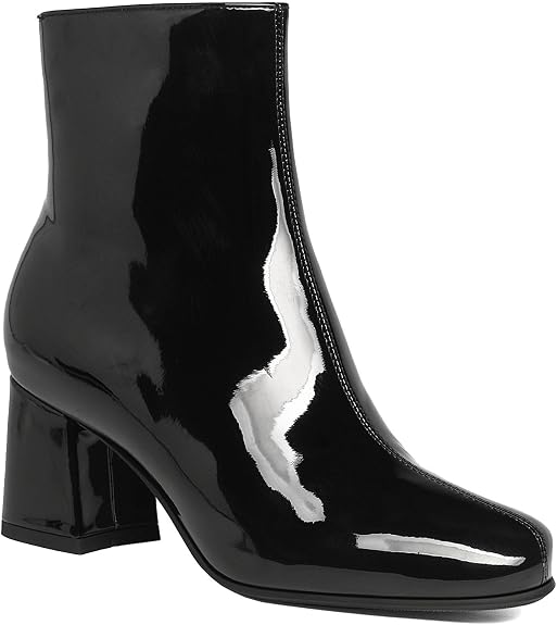 Botas de charol brillante para mujer, con punta cuadrada, tacón grueso con cremallera