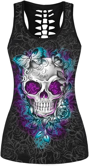 Sister Amy Camiseta sin mangas con estampado de calavera calada para mujer, cuello redondo