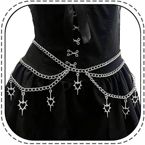 Cinturón de cadena de cintura de corazón de espina, estilo punk gótico, cruzado, con borla, para mujeres