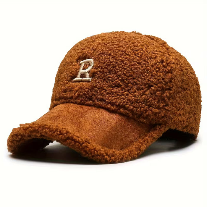 Gorra de Béisbol de Peluche con Letra R, Cálida y Versátil