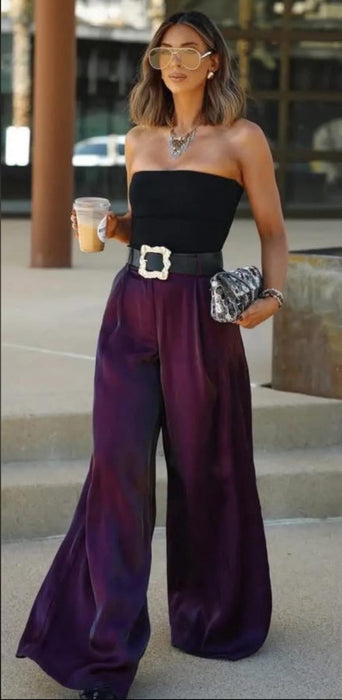 ZARA Pantalón de satén de piernas ancha con cinturón