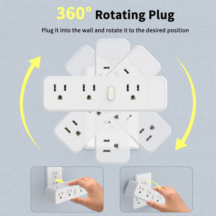 Extensor de enchufes de pared con 9 tomas con enchufe giratorio de 360°