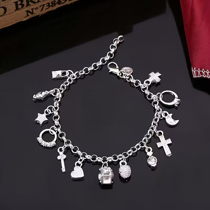 Pulsera con colgantes plateados de 13pcs, elegante con dijes como cruces, estrellas y llaves