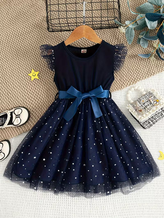 Vestido de verano casual para niña con cinturón, diseño de mosaico de malla estrellada