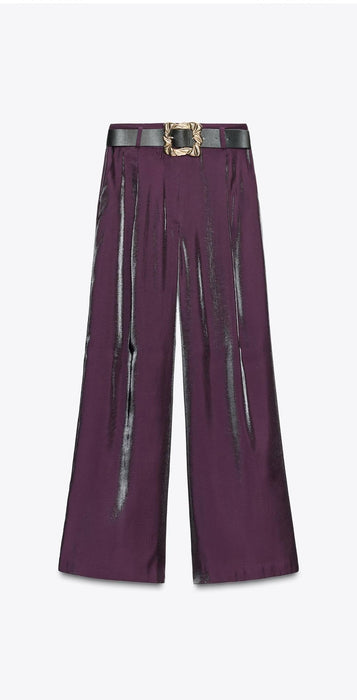 ZARA Pantalón de satén de piernas ancha con cinturón