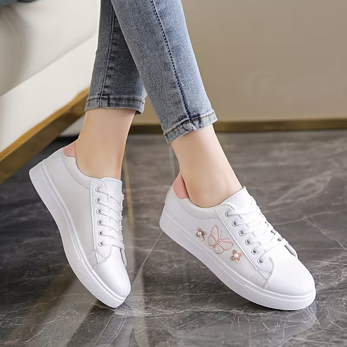 Zapatillas Bajas de PU Blanco Brillante para Mujer con Cordones Brillantes y Suela de Goma