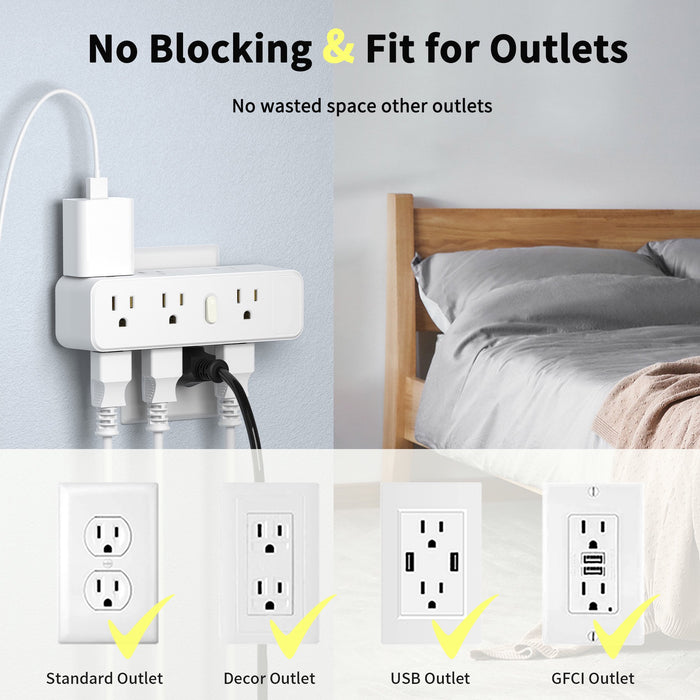 Extensor de enchufes de pared con 9 tomas con enchufe giratorio de 360°