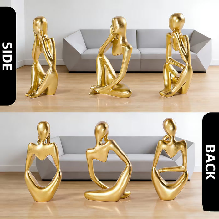 3Pcs Estatua del Pensador Decoración Dorada - Escultura Moderna Abstracta para Sala de Estar