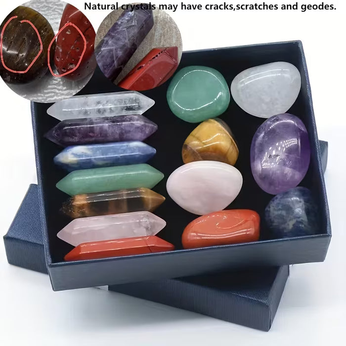 Columna hexagonal doble terminada piedras caídas juego de siete chakras caja de regalo
