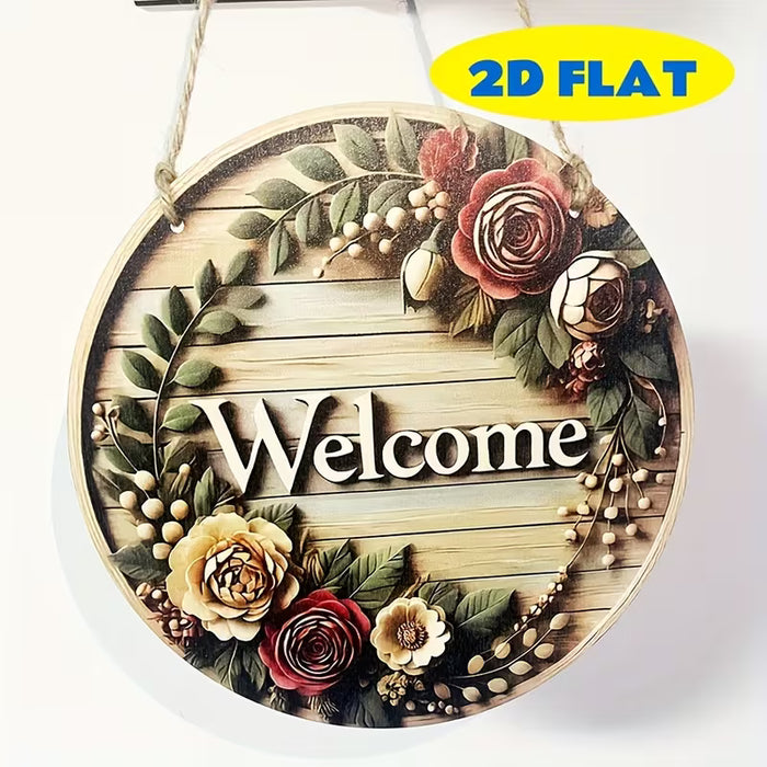 Letrero de Bienvenida Rústico de Madera 2D Plano, con Diseño de Corona Floral