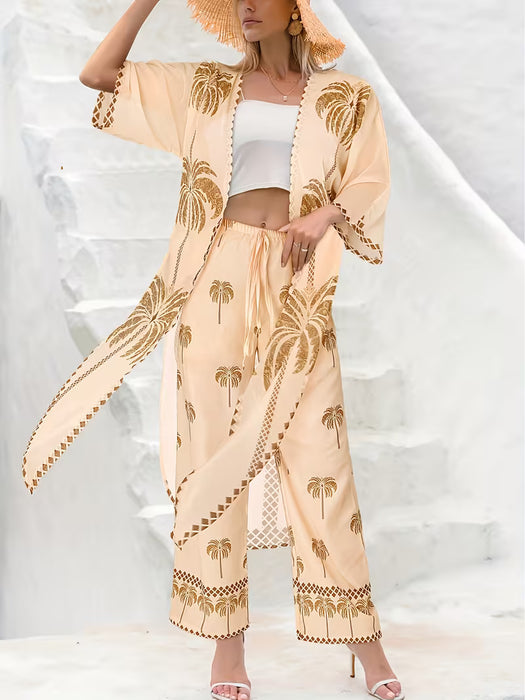 Conjunto de cardigan y pantalones anchos con estampado de coco tropical para mujer
