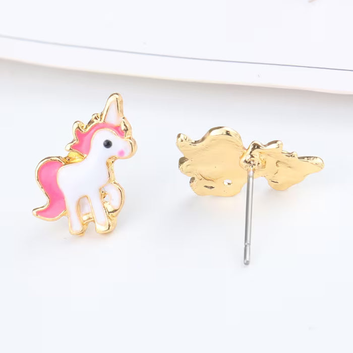 Juego de 2 piezas: Pendientes colgantes y collar de esmalte de lindo potro de unicornio rosa y blanco.