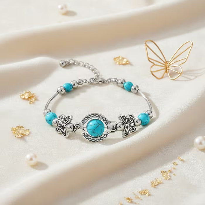 Pulsera turquesa vintage hecha a mano, cuentas de la suerte de mariposa