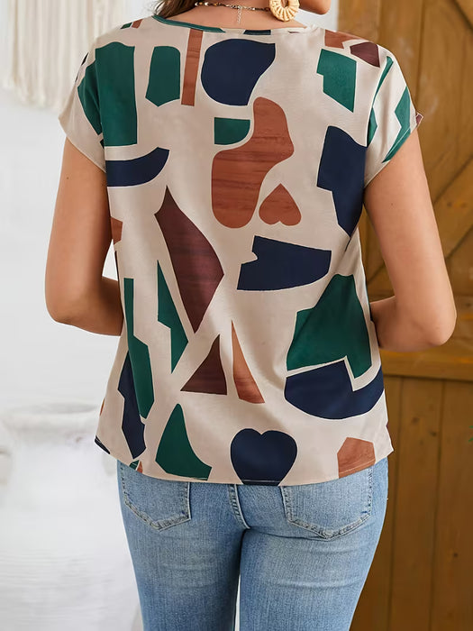 Blusa de manga murciélago estampada, elegante blusa de cuello redondo