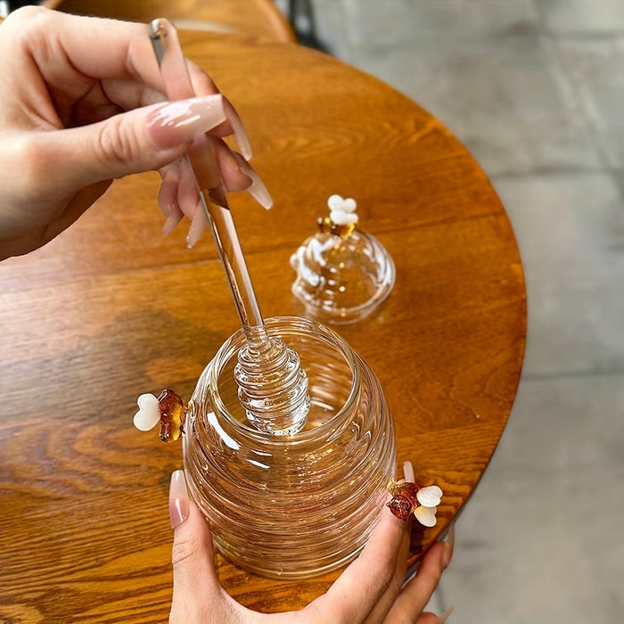 1 pza. Tarro de miel elegante con temática de abeja y cucharilla integrada de vidrio
