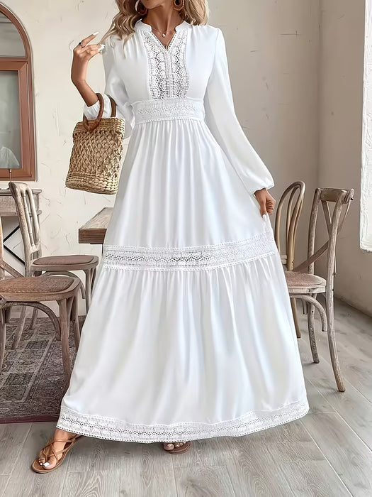 Vestido largo acampanado con encaje y aberturas, manga tipo farol, para mujer