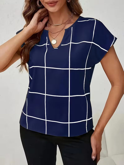 Camiseta Casual de Mujer con Estampado a Cuadros, Cuello en V