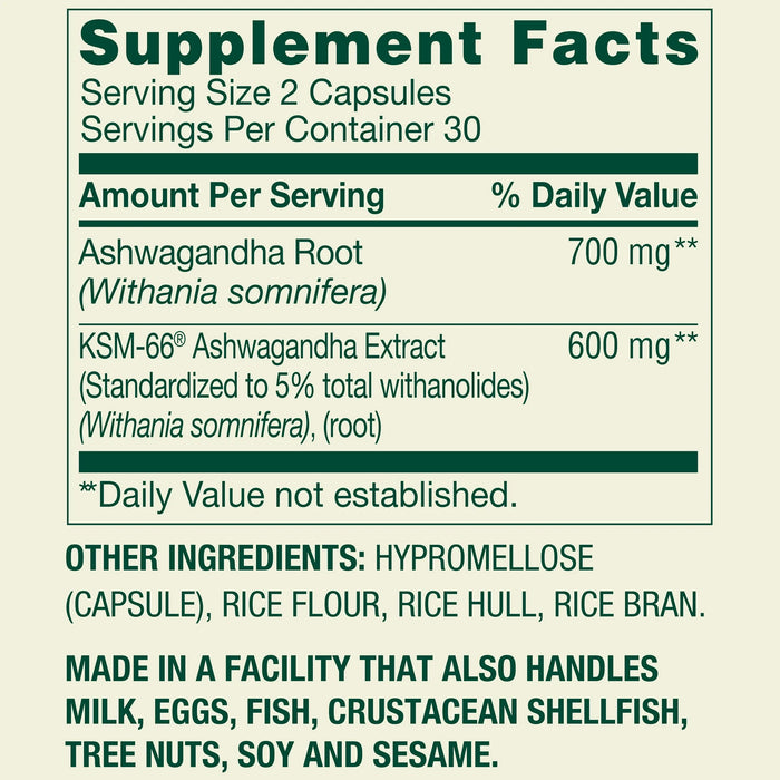 Spring Valley Suplemento dietético de ashwagandha extrafuerte 1300 mg, 60 cápsulas vegetarianas