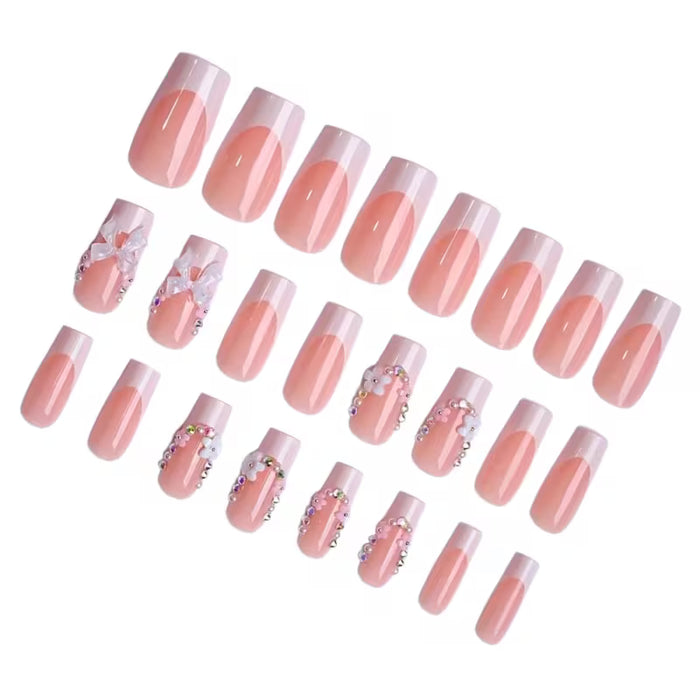 24 piezas uñas postizas de cobertura total con diseño de lazo 3D para mujer