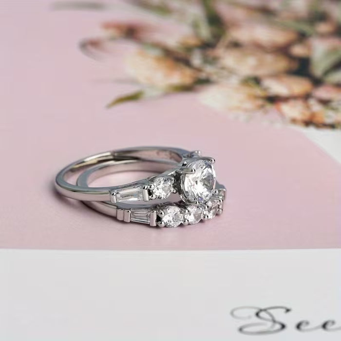 Anillo elegante brillante de 2 piezas para mujeres, anillo de compromiso y boda
