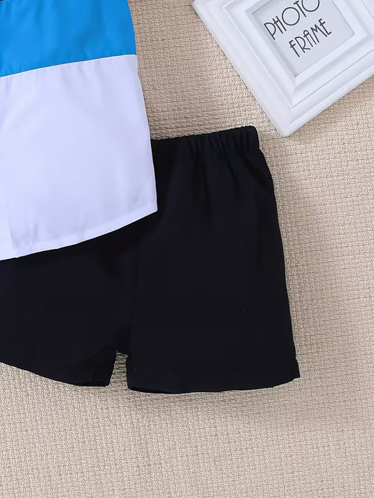 Conjunto de 2 Piezas para Niños, Camisa Azul de Manga Corta con Solapa y Shorts