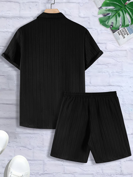 Conjunto de vacaciones casual para hombre, 2 piezas, con textura de rayas, tejido cómodo