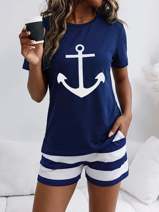 Conjunto de 2 piezas para mujer: camiseta de manga corta con estampado de ancla azul marino