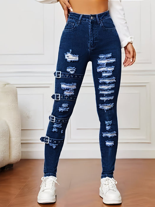 Jeans ajustados rotos con hebilla, versátiles, elásticos y modernos para mujer