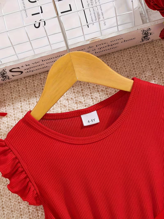 Vestido de verano para niña con manga de volantes, cuerpo de canalé