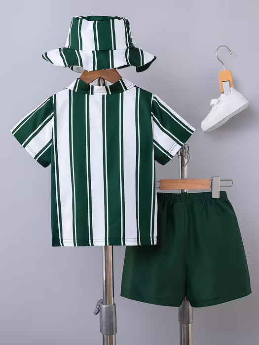 Conjunto de 3 piezas para niño: camisa de verano casual a rayas de manga corta con cuello