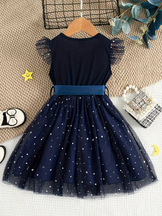 Vestido de verano casual para niña con cinturón, diseño de mosaico de malla estrellada