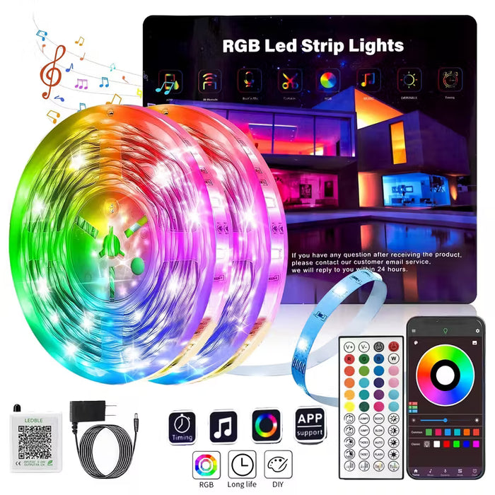 Tira de luces LED RGB QZYL de 60,96 metros con sincronización, control por app y mando a distancia