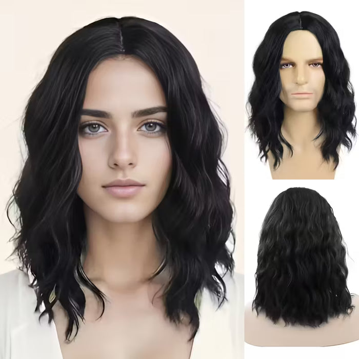 Peluca Sintética de Fibra Resistente al Calor para Mujer, Ondas Rizadas Negras, 12 Pulgadas