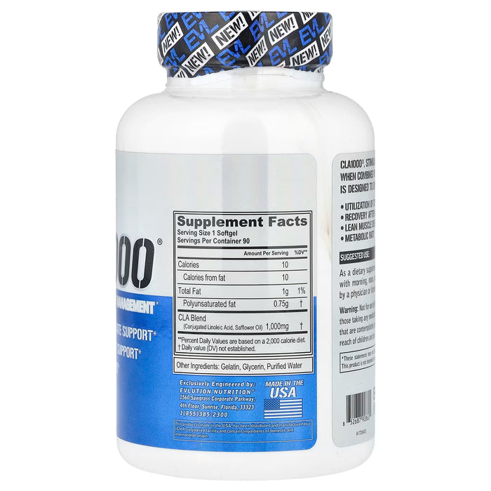 EVLution Nutrition, CLA1000®, Control de peso sin estimulantes, 90 cápsulas