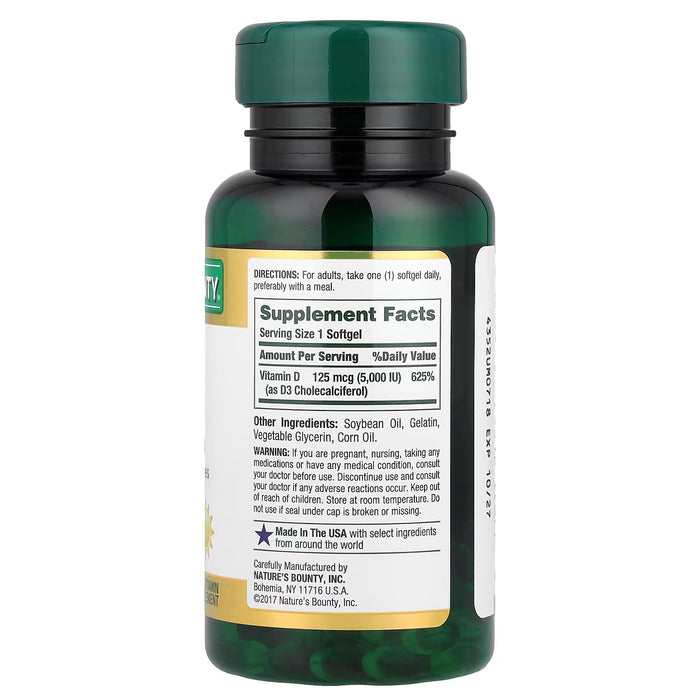 Nature's Bounty, Vitamina D3, 125 mcg (5000 UI), 150 cápsulas blandas de liberación rápida