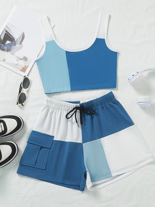 Conjunto de Chaleco y Shorts a Bloques de Color para Mujer Estilo Vacacional