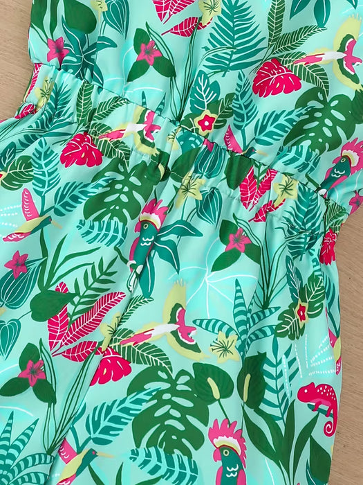 Mono con tirantes para niñas, estilo vacacional de verano, con estampado de hojas verdes