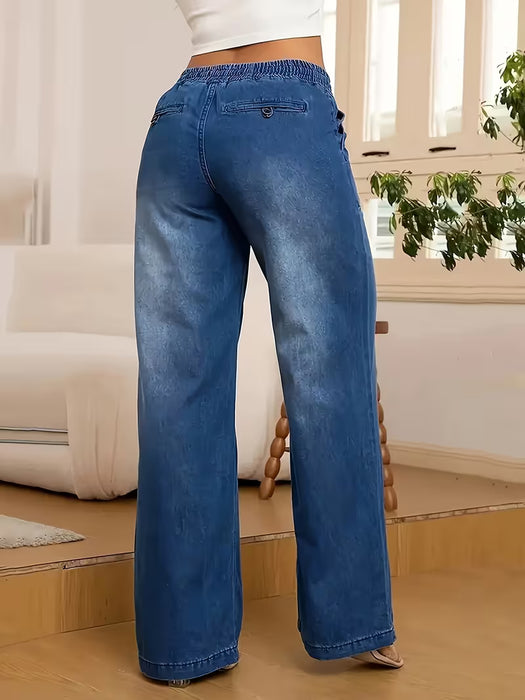 Jeans de pierna recta para mujer con cintura elástica y cordón