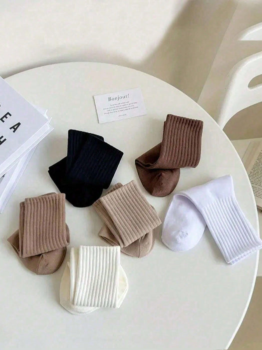 6 pares de calcetines de mujer de color liso hasta la pantorrilla, deportivos casuales acanalados