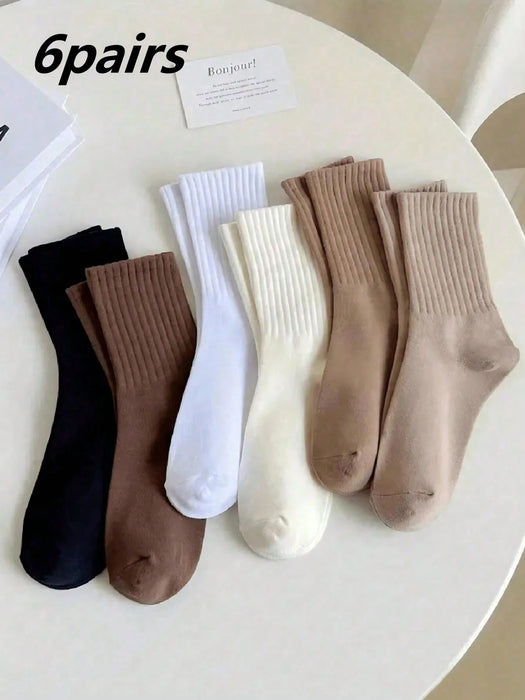 6 pares de calcetines de mujer de color liso hasta la pantorrilla, deportivos casuales acanalados