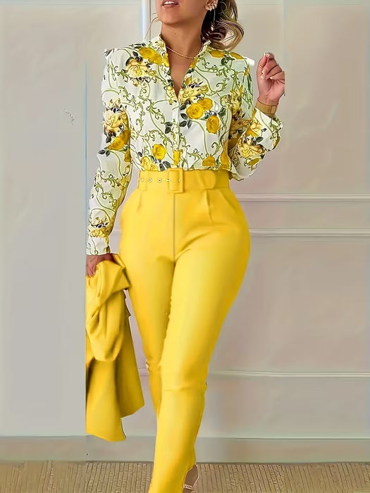 Conjunto Elegante de Blusa con Escote en V y Pantalóns Ajustado con Cinturón