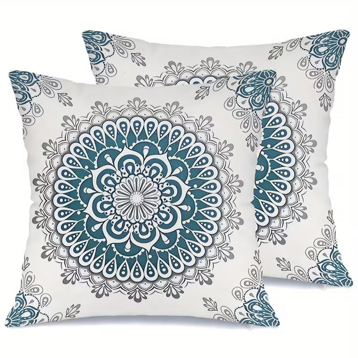 Juego de dos fundas de almohada cuadradas en blanco con diseños de mandalas azules y grises