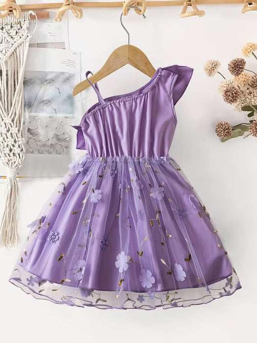 Vestido de malla floral dulce para niña es sin mangas y cuenta con decoraciones de flores 3D