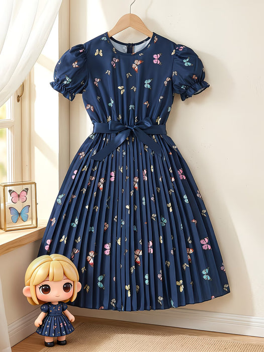Vestido de Verano para Niñas con Mangas Bufantes, Estampado de Mariposas y Cinturón Plisado