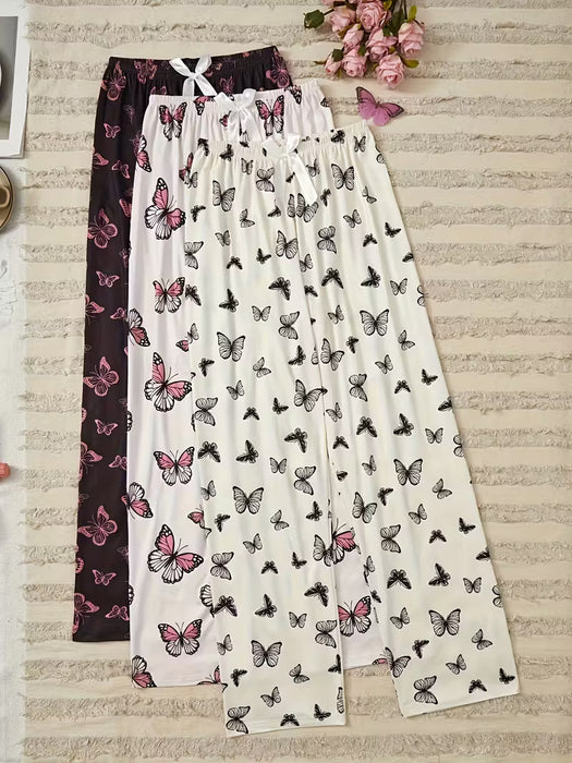 3pcs Pantalones pijamas para dormir de mujer con estampado de mariposas