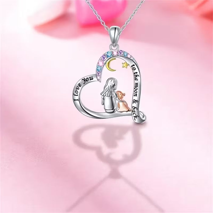 Collar con colgante de corazón de amor de madre, luna y estrella para mujer