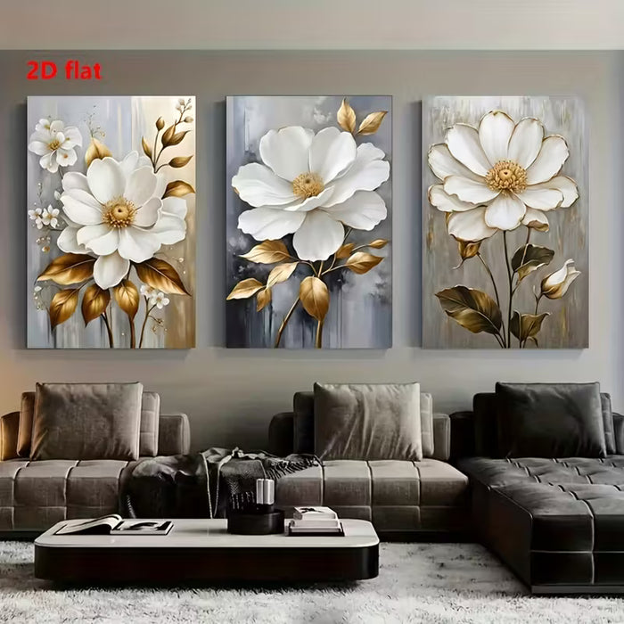 2D Plano Una Combinación Perfecta de 3 Hojas Doradas y Flores Blancas
