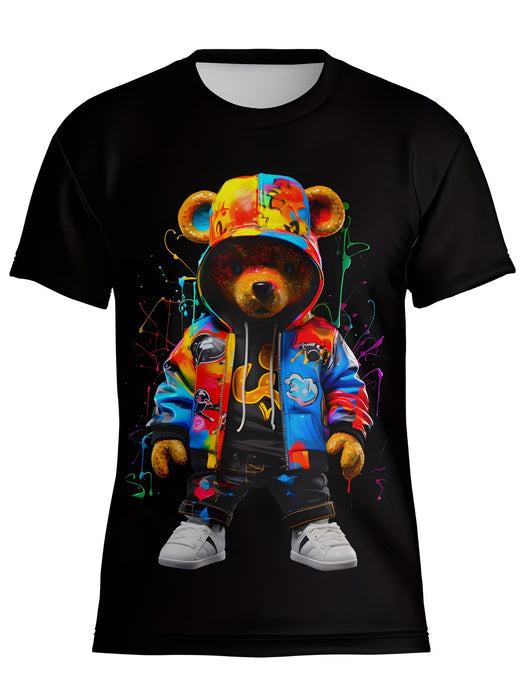 Camiseta de verano para hombre con estampado digital de oso colorido, deportiva y transpirable