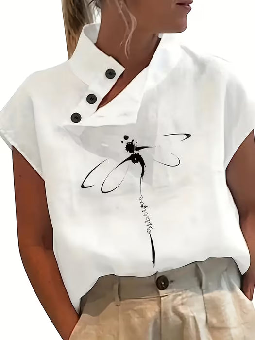 Camisa Elegante de Manga Corta con Estampado de Libélula y Botones Inclinados para Mujer