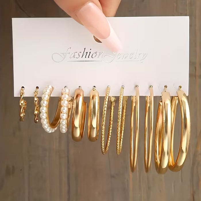 Juego de 12 pares de pendientes sencillos de metal con perlas y diseño geométrico